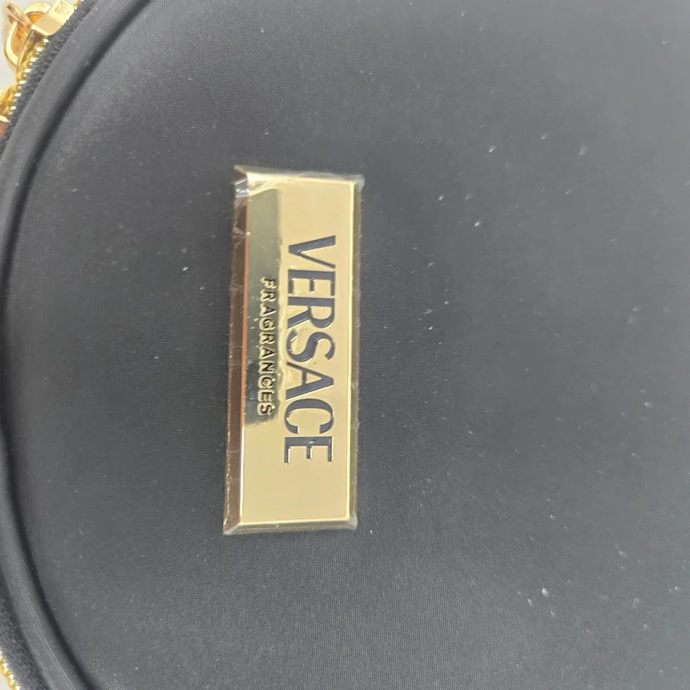 Versace Fragrances Black Round Vanity Cosmetic Case Gold Logo Mirror Travel Bag